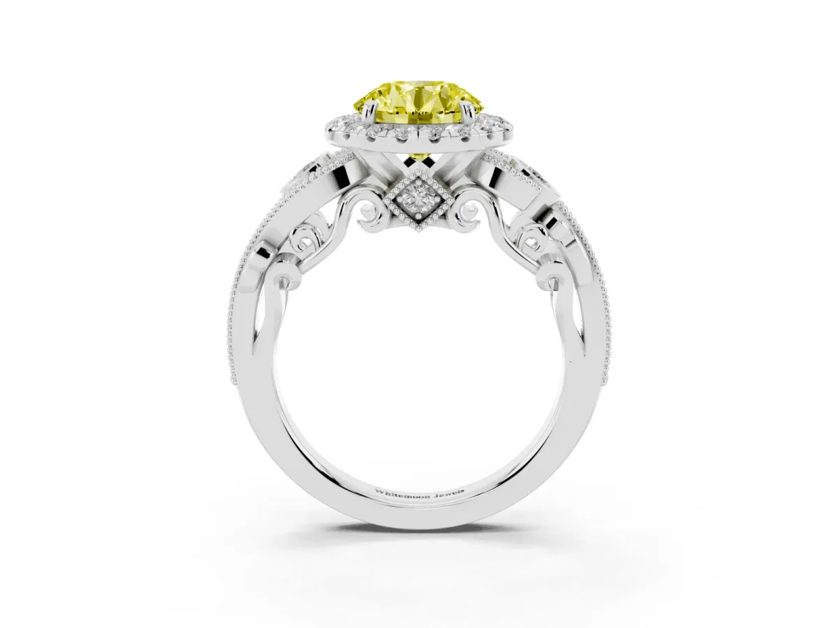 Fancy Yellow Round Cut Halo Diamond Ring with Milgrain and Bezel Accents on a Split Shank Band Silver