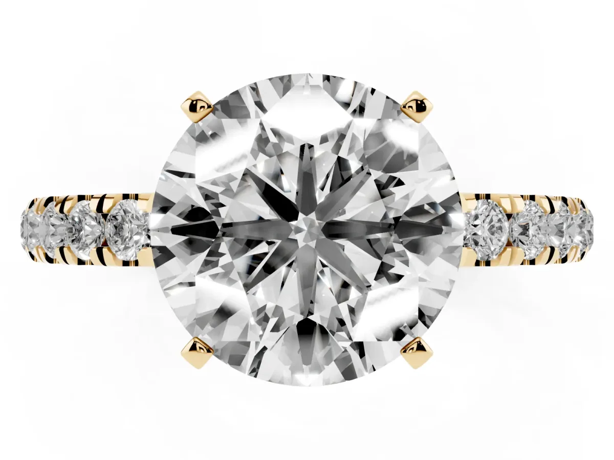Round Cut Diamond Solitaire Ring with Pavé Accents and Four-Prong Setting Yellow gold