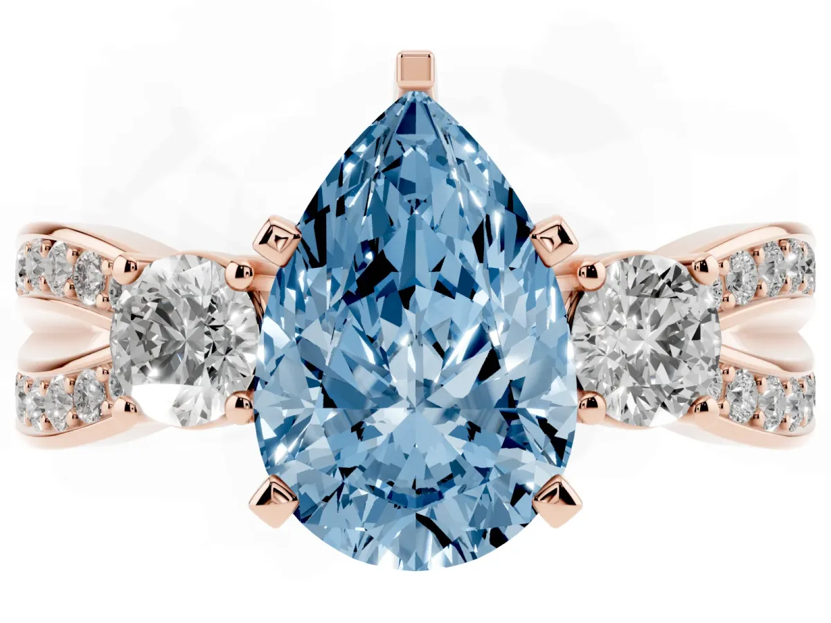 Fancy Blue Three-Stone Pear Cut Cut Diamond Twist Band with Prong Setting Rose gold