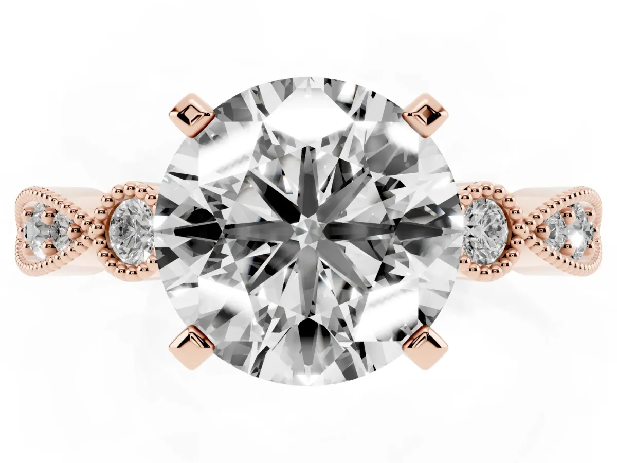 Round Cut Milgrain Bezel Diamond Engagement Ring with Solitaire Prong Setting Rose gold