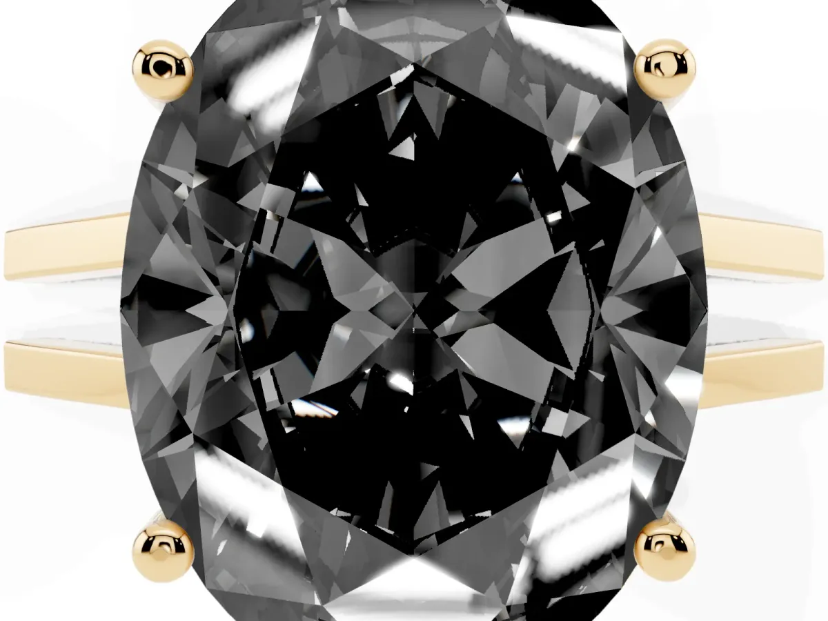 Fancy Black Oval Cut Cut Diamond Solitaire Engagement Ring with Tapered Plain Band and Four-Prong Setting Yellow gold