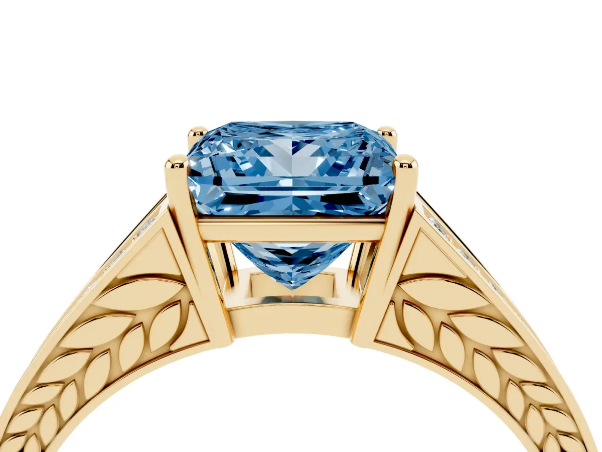 Fancy Blue Princess Cut Diamond Split Shank Ring with Pavé Band and Four-Prong Setting Yellow gold