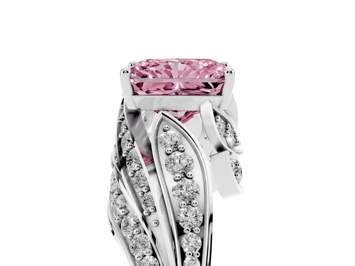 Fancy Pink Radiant Cut Diamond Solitaire Ring with Prong Setting and Twisted Pavé Band Platinum
