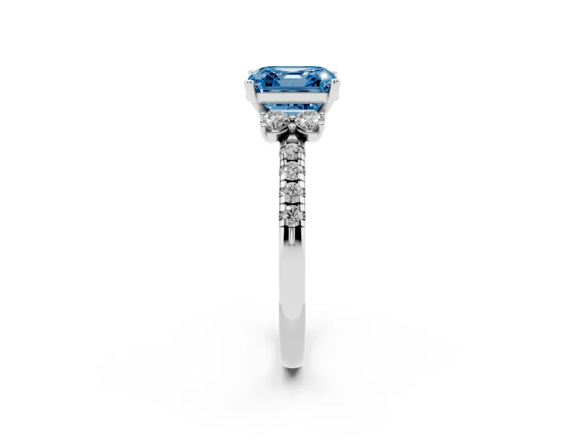 Fancy Blue Asscher Cut Diamond Three-Stone Pave Band with Four-Prong Setting Platinum