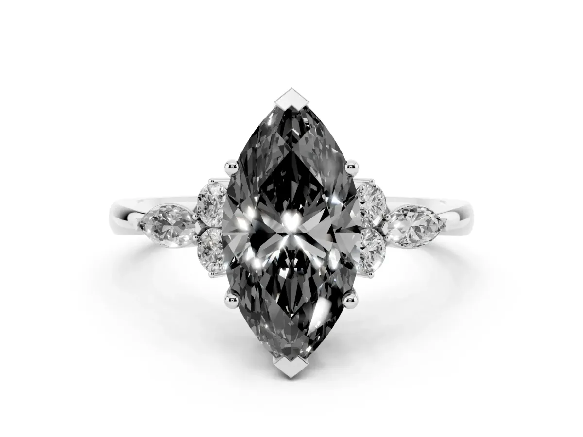 Fancy Black Marquise Cut Brilliant Diamond Solitaire Ring with Pear Side Stones and Four-Prong Setting Silver