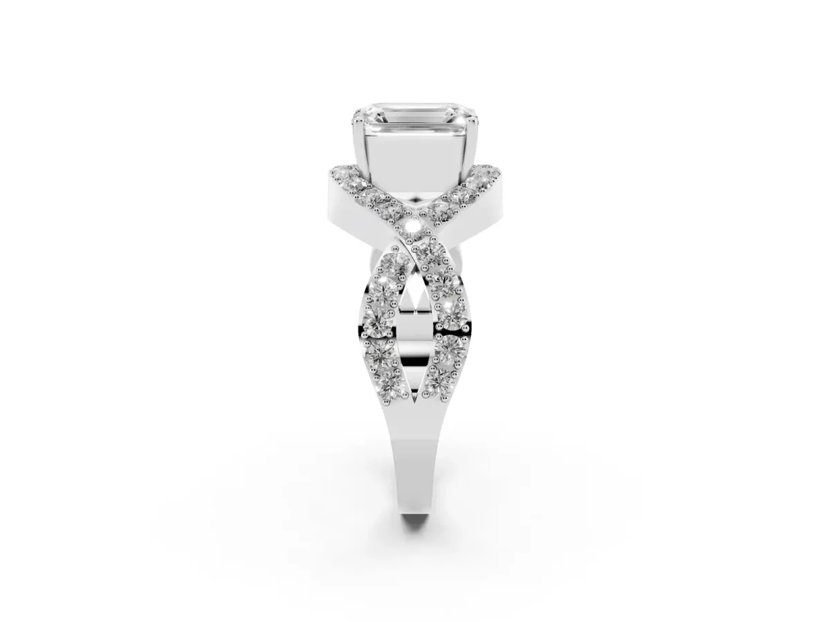 Emerald Cut Solitaire Twist Band Pavé Diamond Engagement Ring Silver