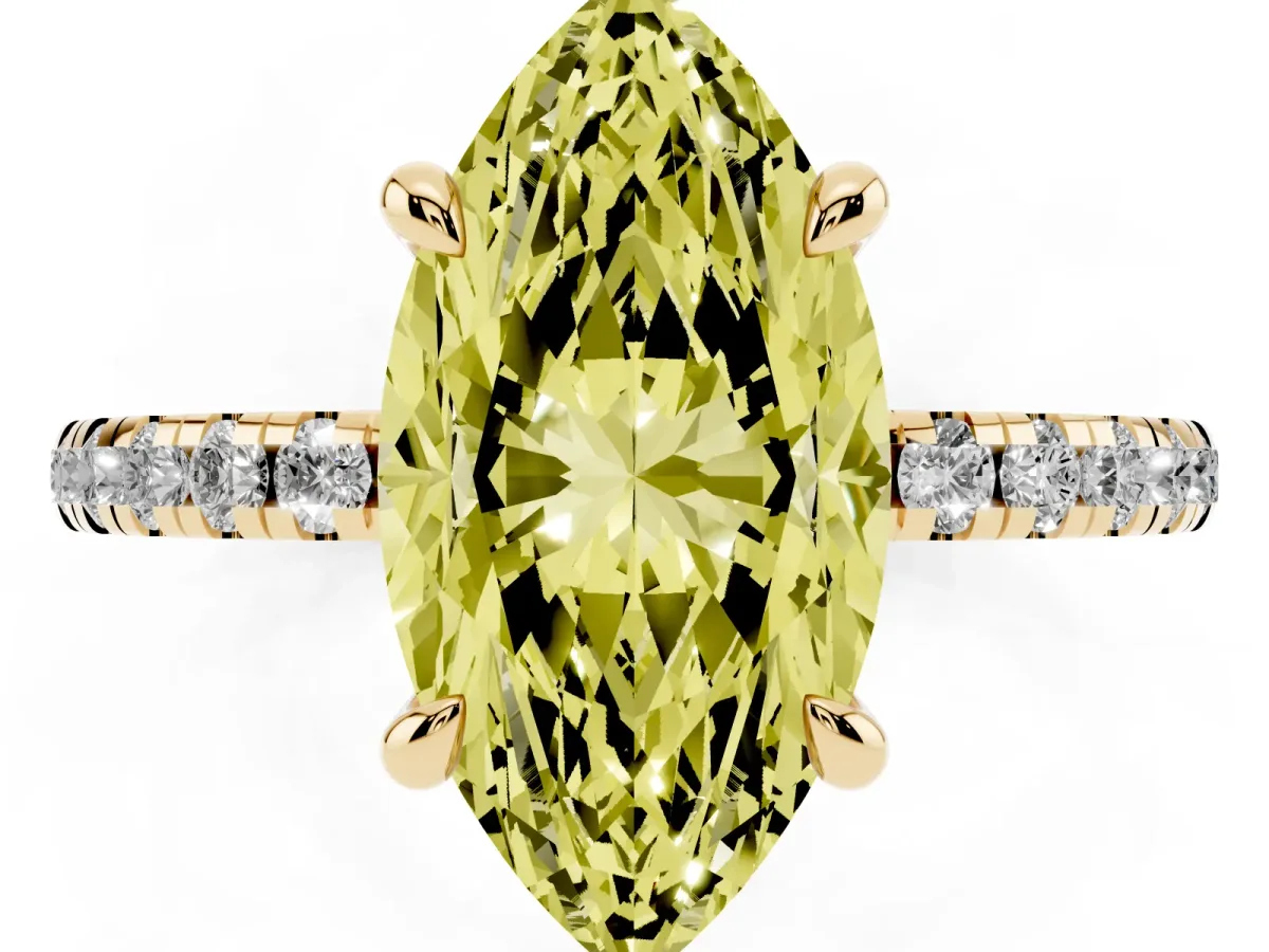 Fancy Yellow Marquise Cut Diamond Brilliant Solitaire Ring with Pavé Band and Four-Prong Setting Yellow gold