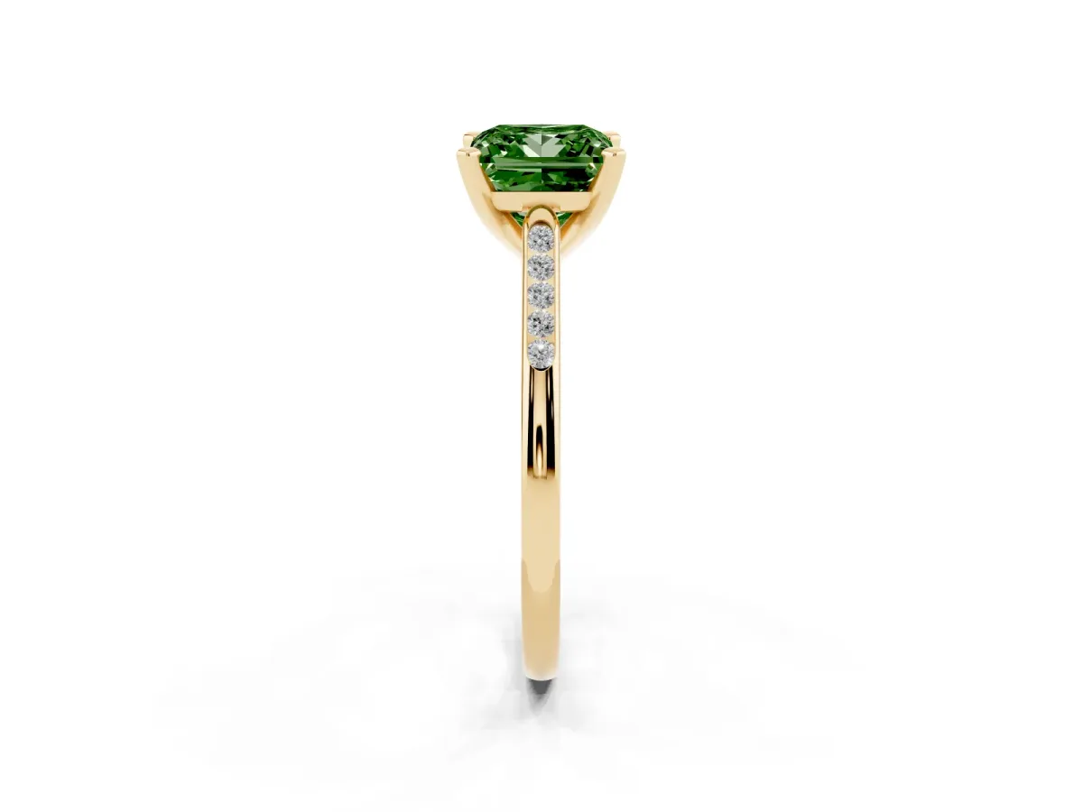 Fancy Green Princess Cut Diamond Solitaire Ring with Channel Set Round Band and Prong Setting Yellow gold