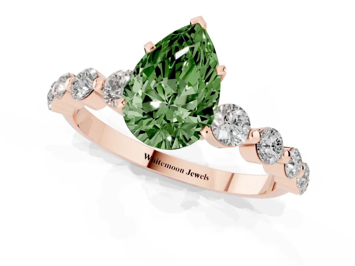 Fancy Green Pear Cut Solitaire Diamond Ring with Pave Band and Four-Prong Setting Rose gold