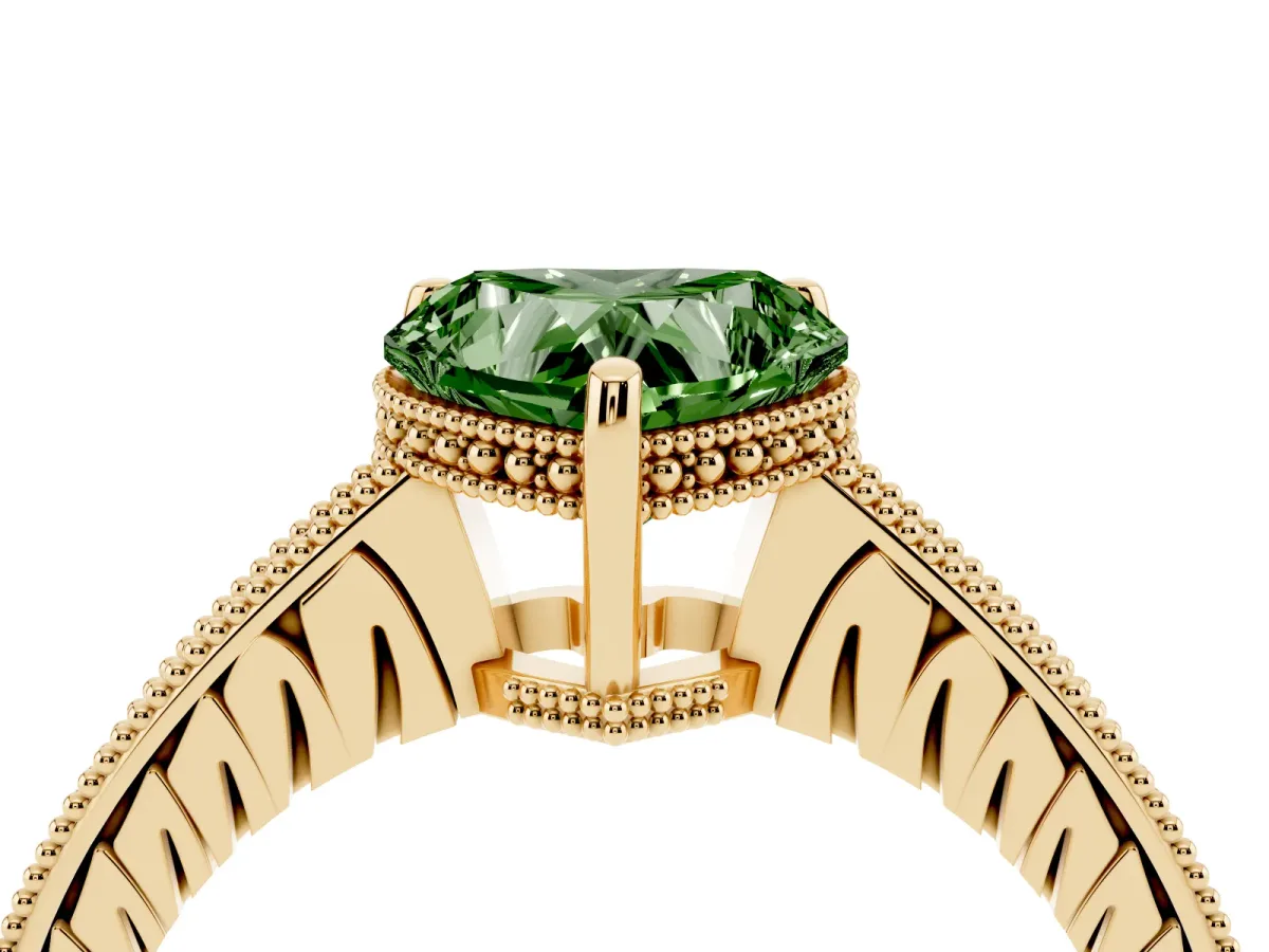 Fancy Green Heart Cut Solitaire Pavé Diamond Milgrain Engagement Ring with Four-Prong Setting Yellow gold
