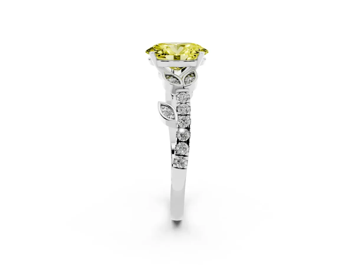 Fancy Yellow Oval Cut Solitaire Leaf-Inspired Diamond Ring with Pavé Band and Four-Prong Setting Silver
