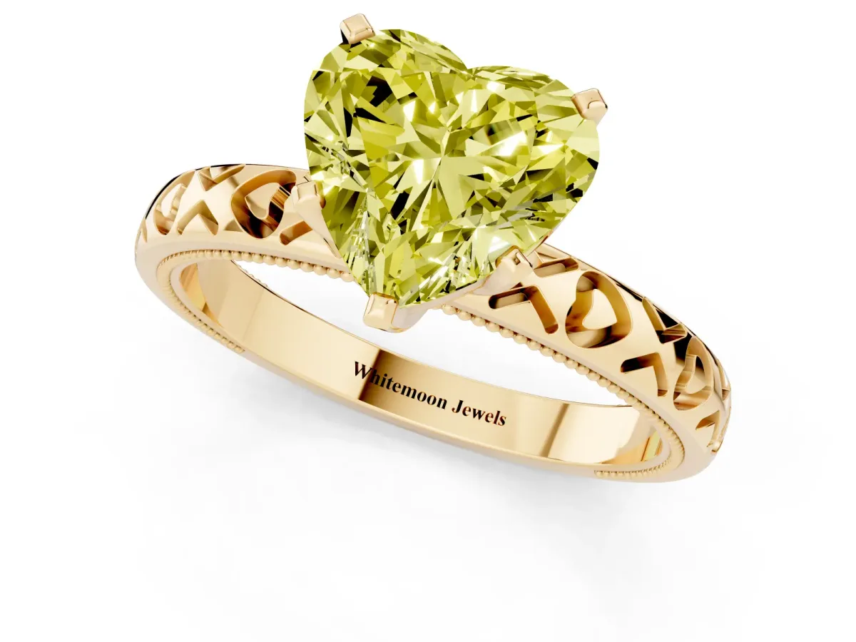 Fancy Yellow Heart Cut Solitaire Diamond Engagement Ring with XO Engraved Band and Four-Prong Setting Yellow gold