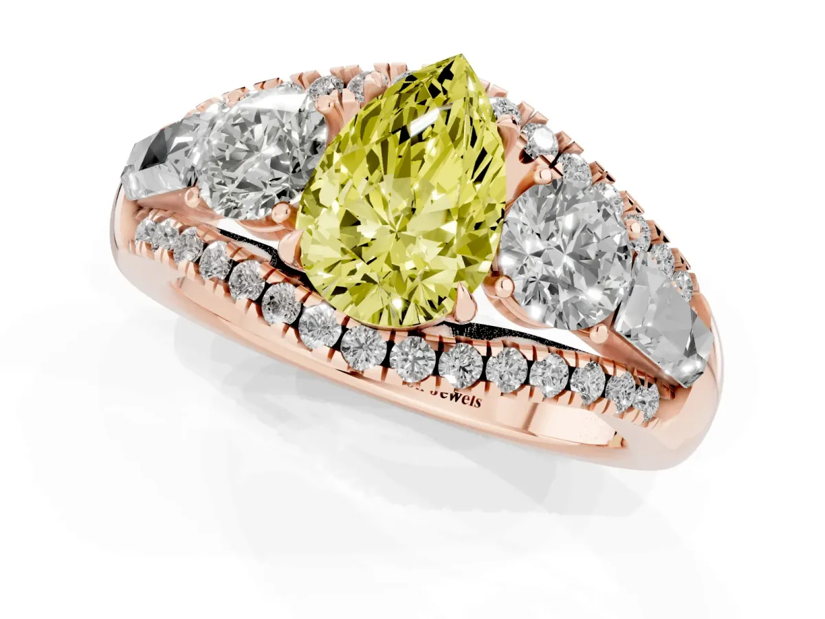 Fancy Yellow Three-Stone Pear Cut Diamond Engagement Ring with Pave Band and Prong Setting Rose gold