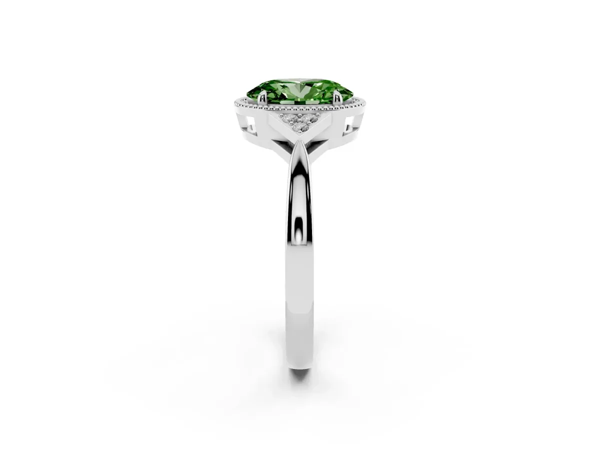 Fancy Green Oval Cut Diamond Halo Ring with Tapered Band and Four-Prong Setting Platinum