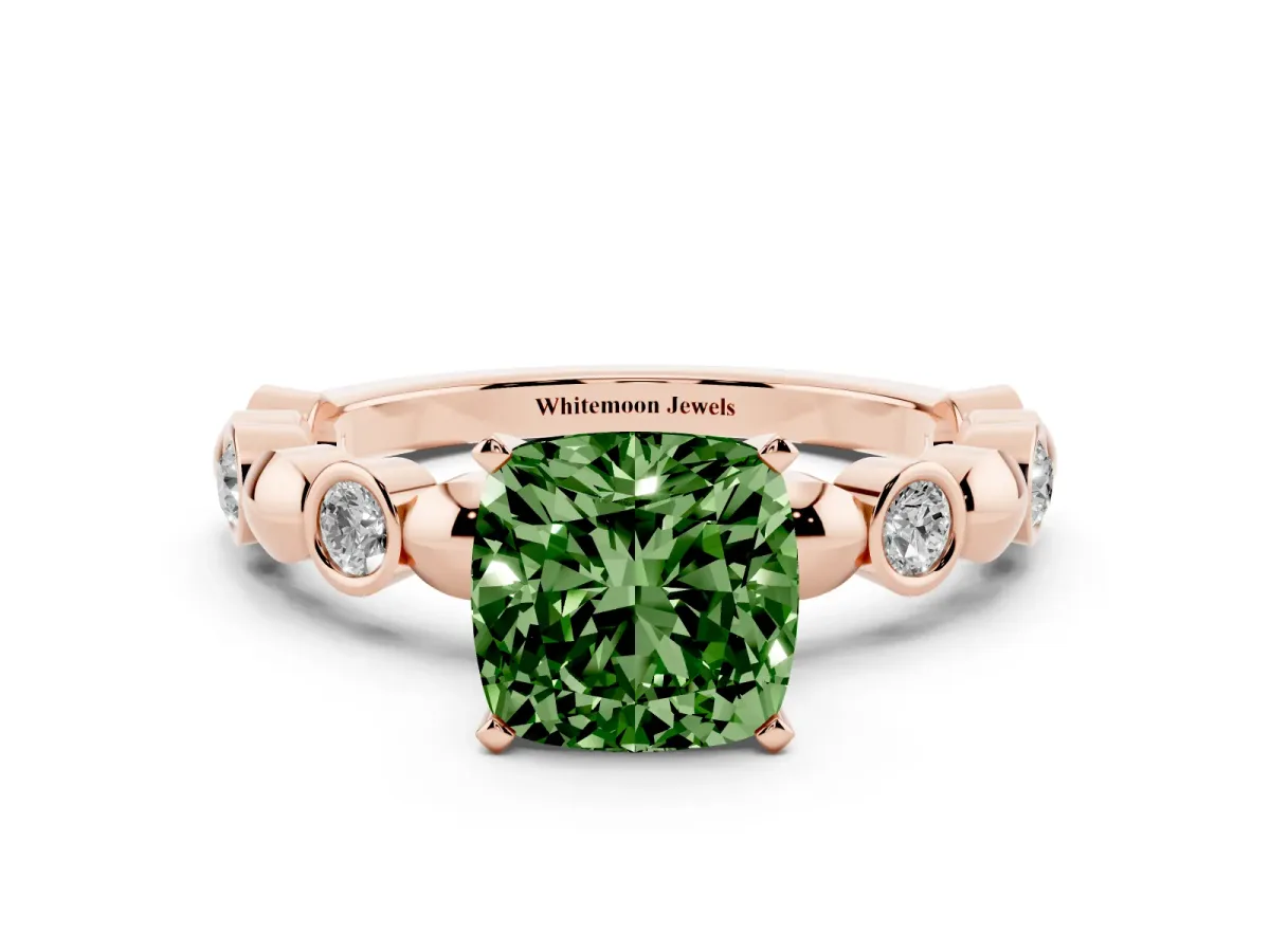 Fancy Green Cushion Cut Solitaire Bezel-Set Diamond Ring with Beaded Band and Four-Prong Setting Rose gold