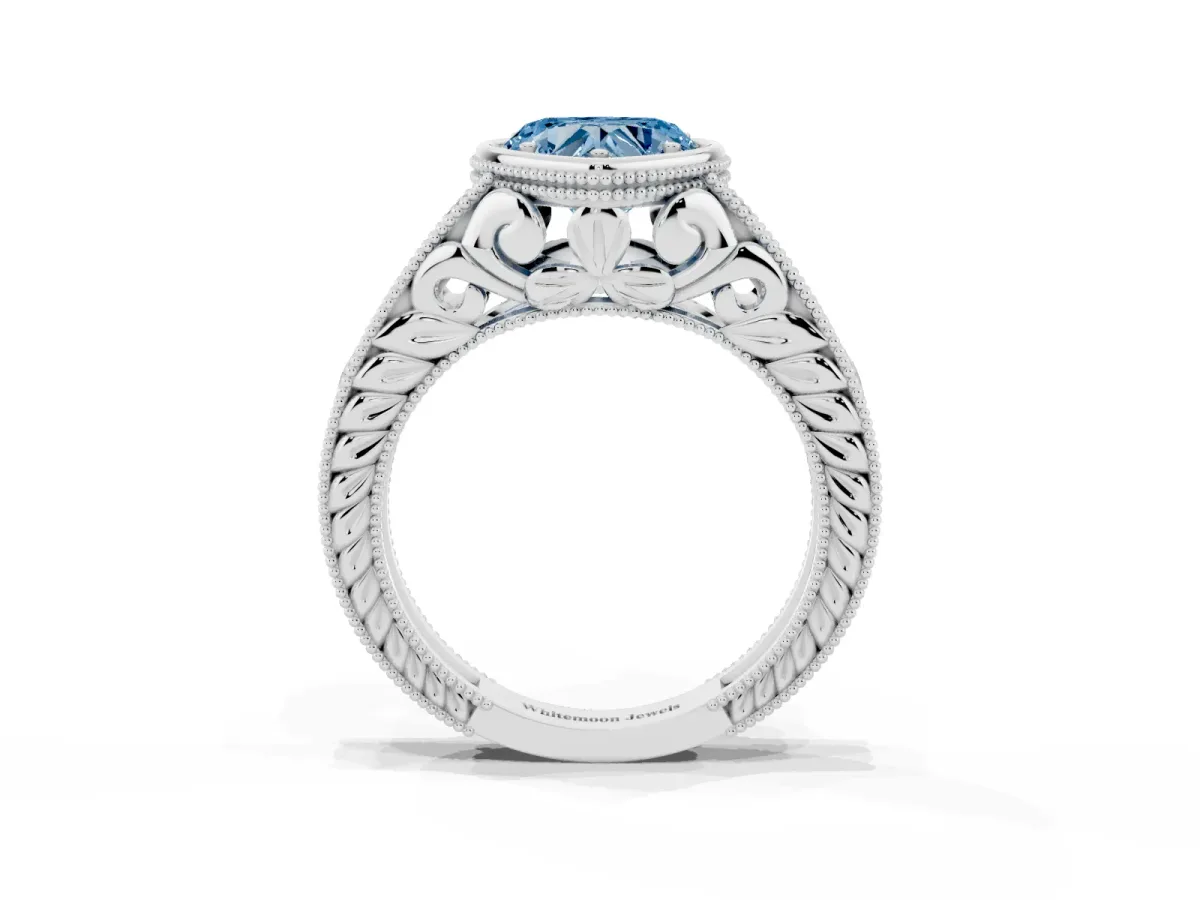 Fancy Blue Bezel Set Heart Cut Diamond Milgrain Pave Engagement Ring Silver
