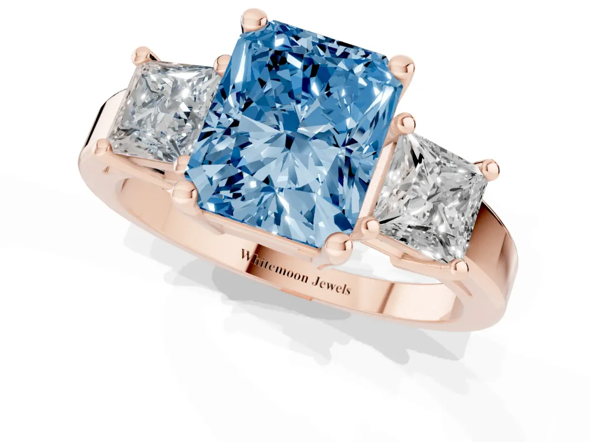 Fancy Blue Three-Stone Radiant Cut Cut Solitaire Ring with Prong Setting Rose gold