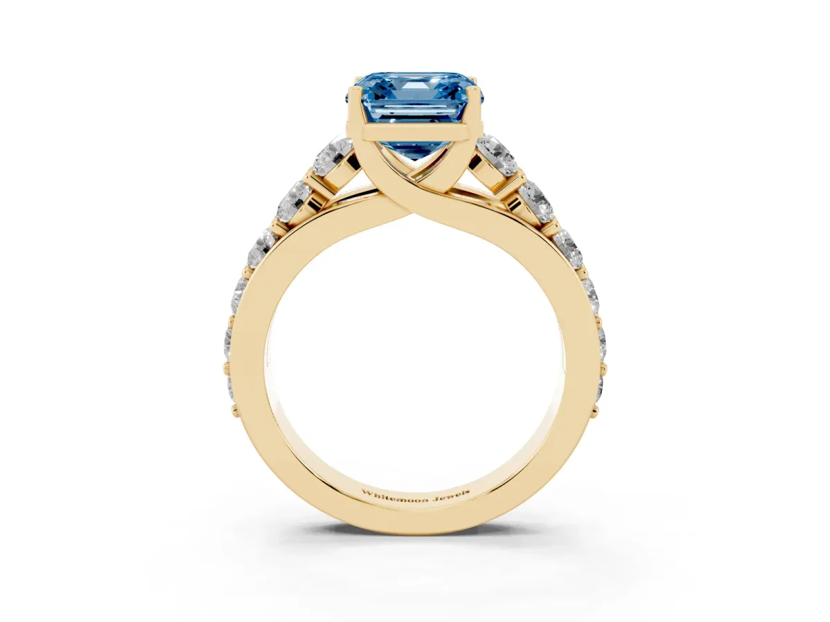 Fancy Blue Asscher Cut Diamond Engagement Ring with Pavé Band and Four-Prong Setting Yellow gold