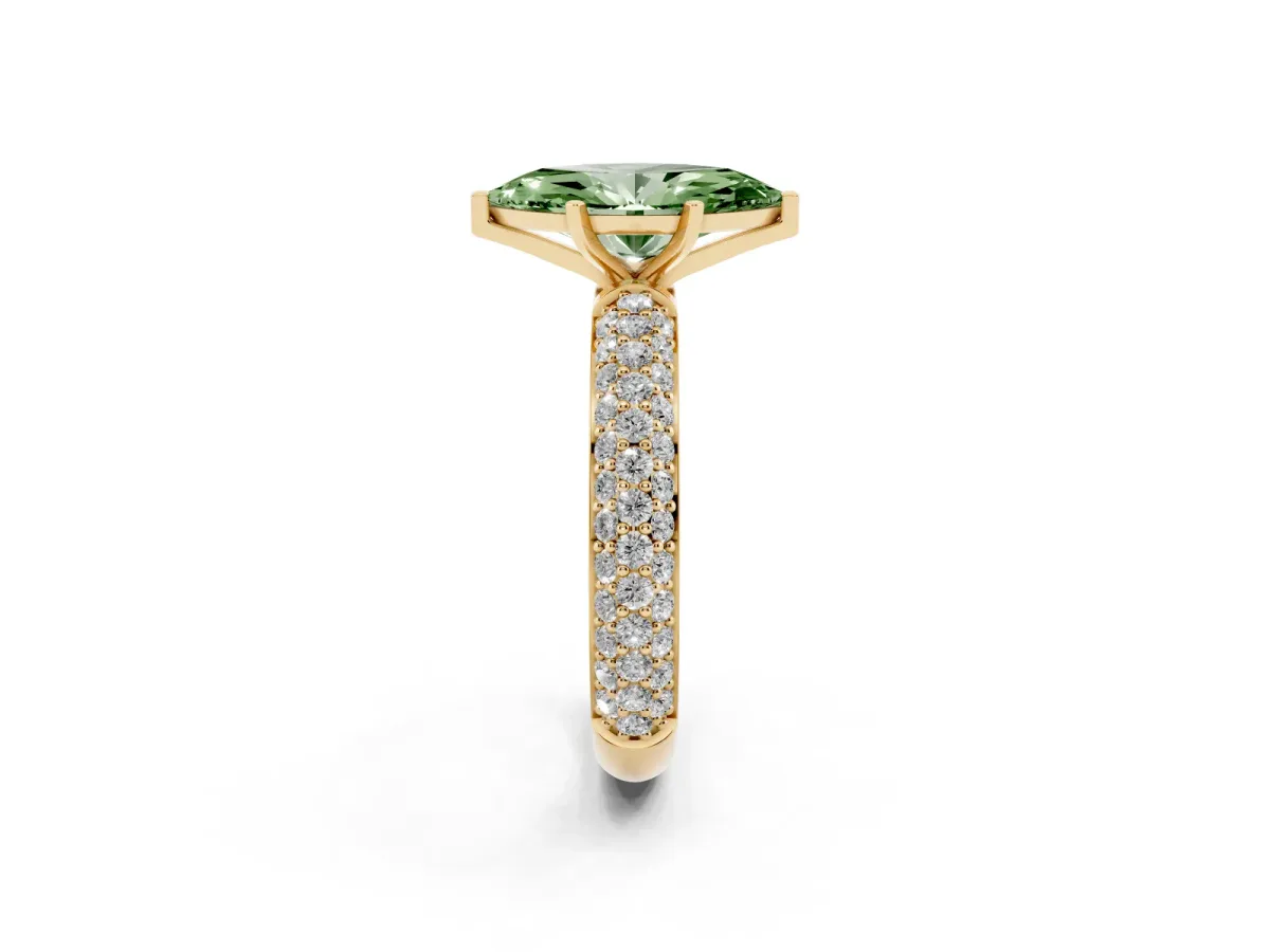 Fancy Green Marquise Cut Diamond Solitaire Ring with Prong Setting and Pavé Band Yellow gold