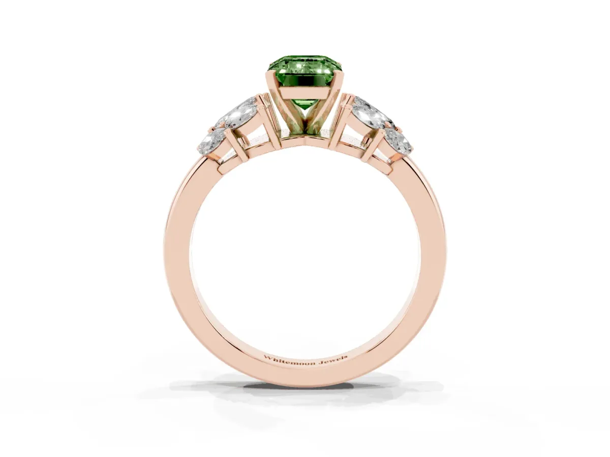 Fancy Green Emerald Cut Diamond Cluster Leaf Design Ring with Prong Setting Rose gold