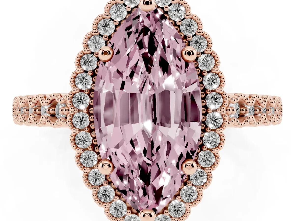 Fancy Pink Marquise Cut Cut Halo Pavé Solitaire Ring with Milgrain Band Rose gold