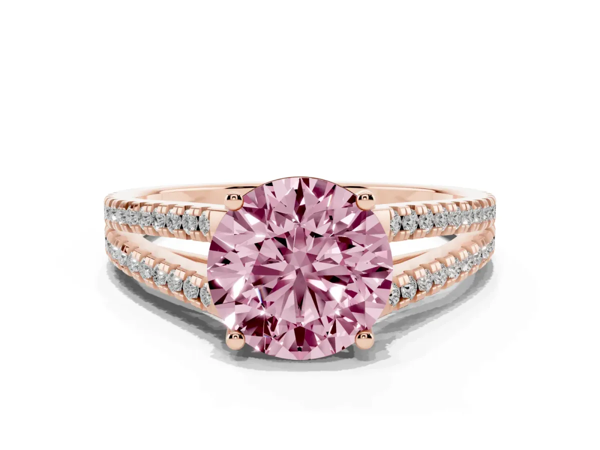 Fancy Pink Round Cut Diamond Solitaire Engagement Ring with Split Shank Pavé Band Rose gold