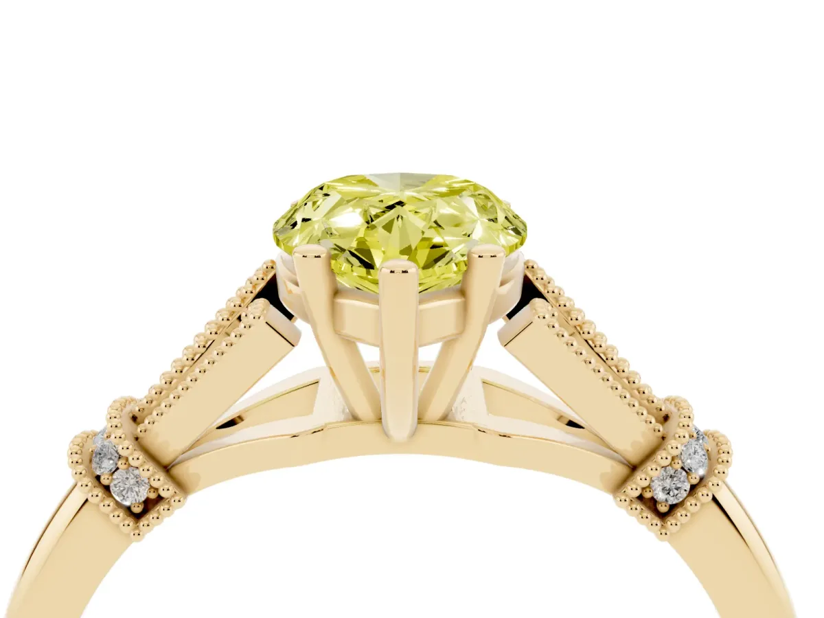 Fancy Yellow Pear Cut Diamond Solitaire Ring with Floral Filigree and Pave Accents Yellow gold