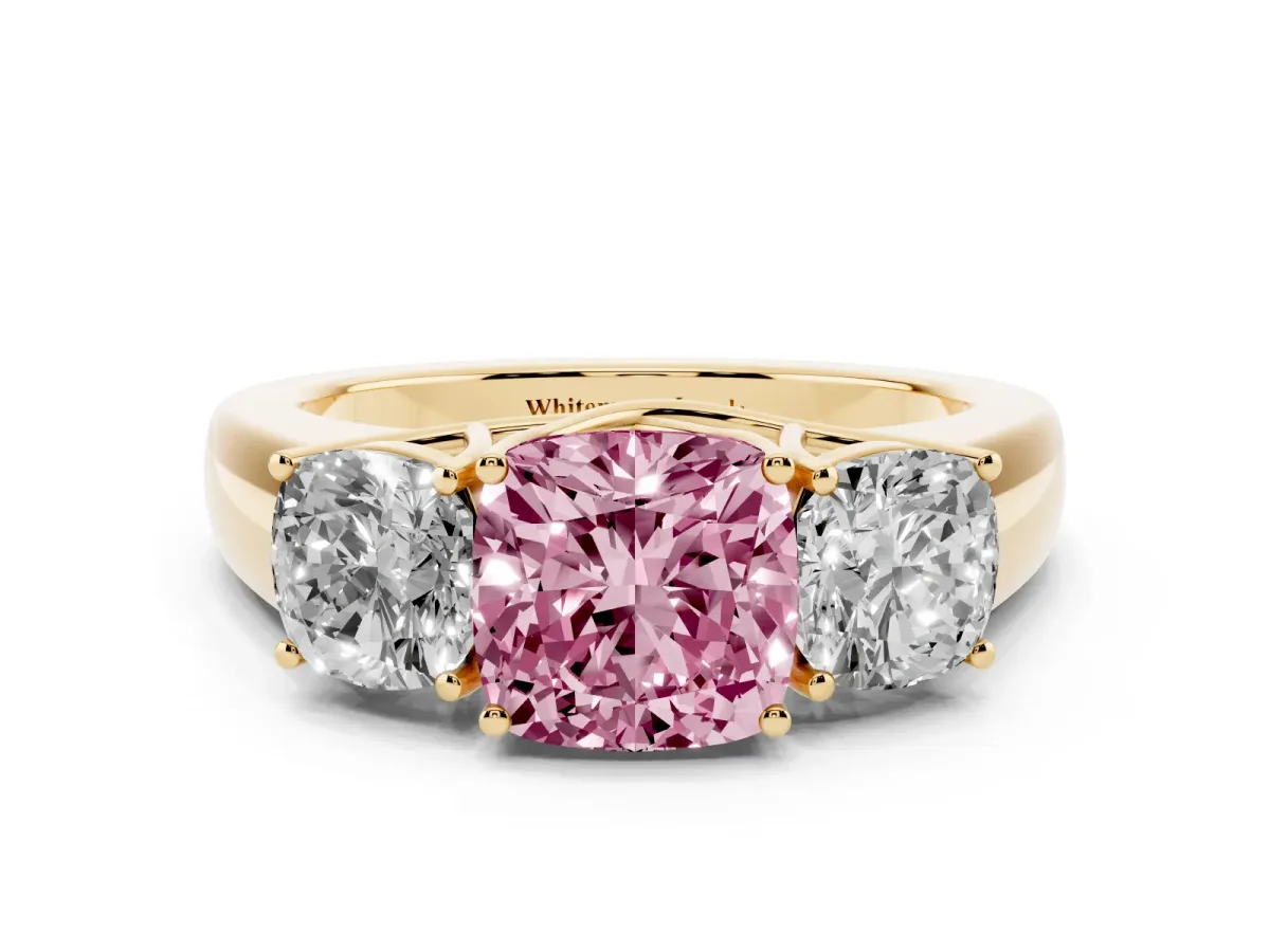 Fancy Pink Three-Stone Cushion Cut Cut Diamond Ring with Prong Setting and Classic Band Yellow gold