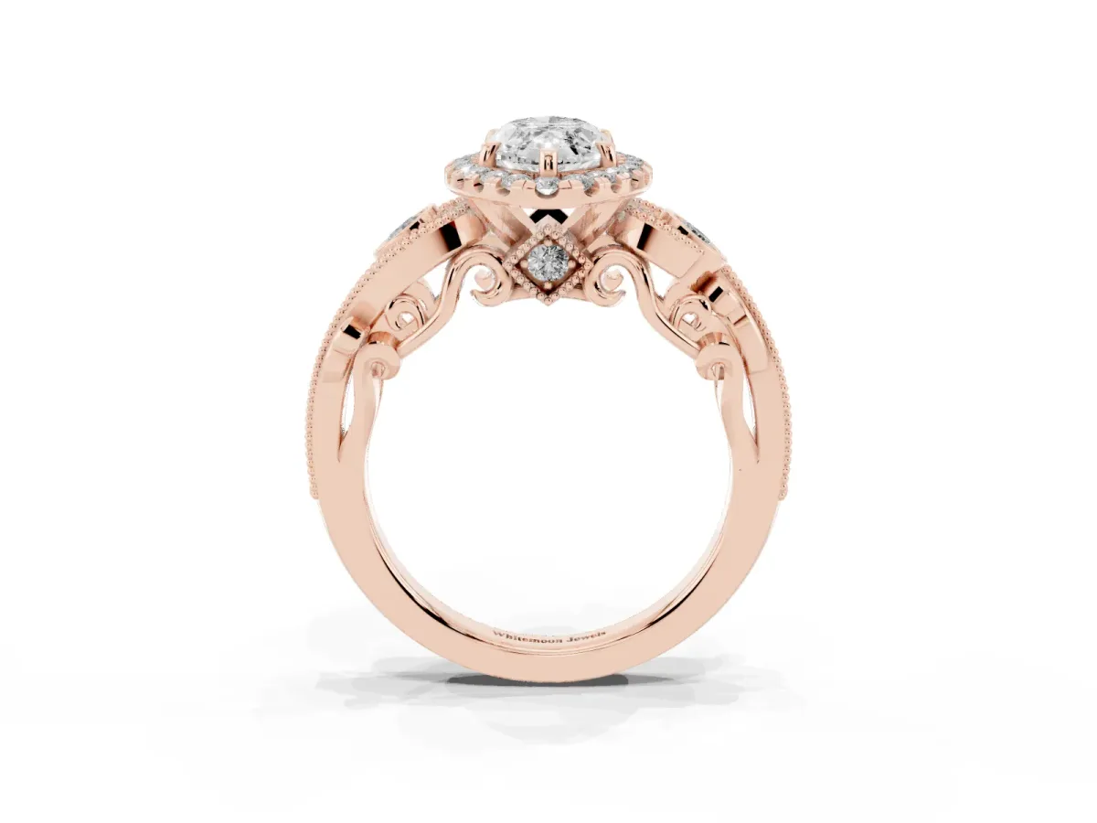 Marquise Cut Halo Diamond Ring with Milgrain and Bezel Accents on a Split Shank Band Rose gold