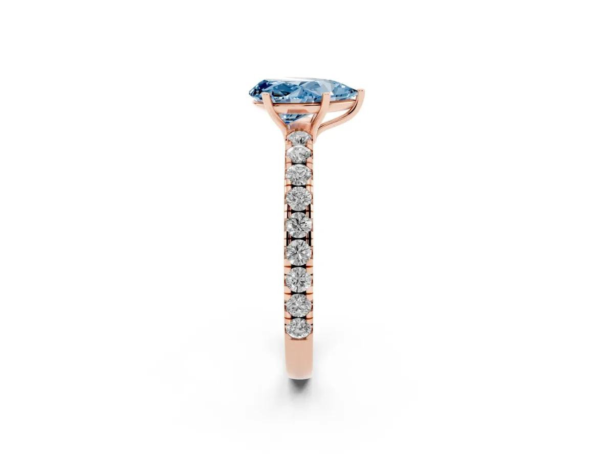 Fancy Blue Pear Cut Diamond Pavé Solitaire Engagement Ring with Four-Prong Setting Rose gold