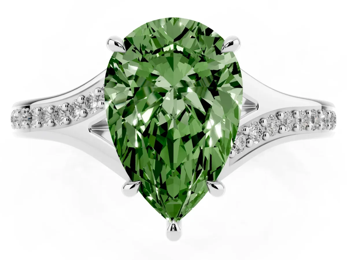 Fancy Green Pear Cut Diamond Solitaire Ring with Pavé Band and Prong Setting Silver