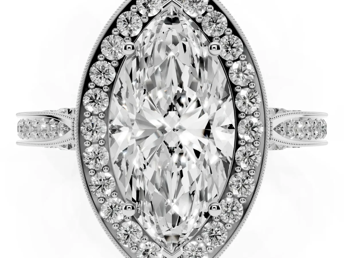 Marquise Cut Halo Diamond Engagement Ring with Split Shank Band and Four-Prong Setting Silver