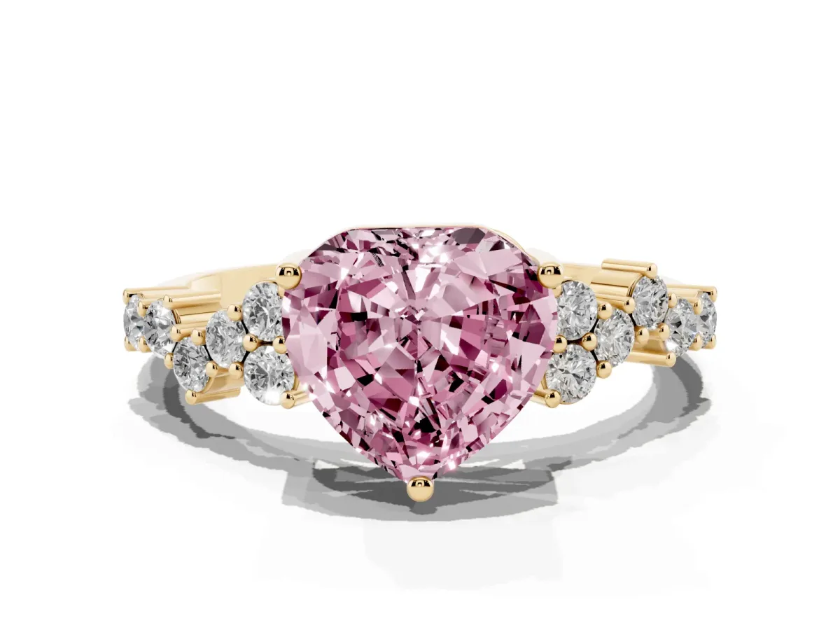 Fancy Pink Heart Cut Diamond Scattered Round Accent Ring with Prong Setting Yellow gold
