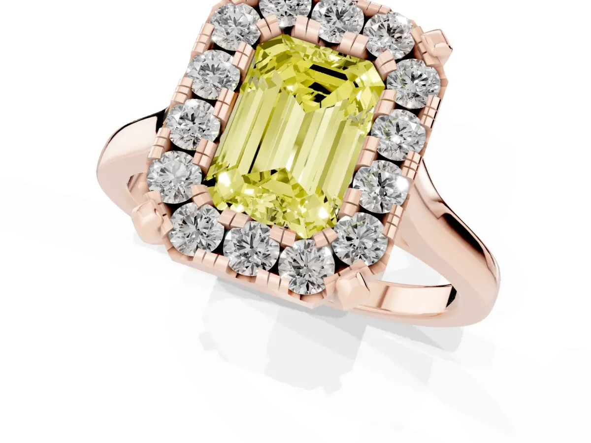 Fancy Yellow Emerald Cut Diamond Cluster Halo Solitaire with Four-Prong Setting Rose gold