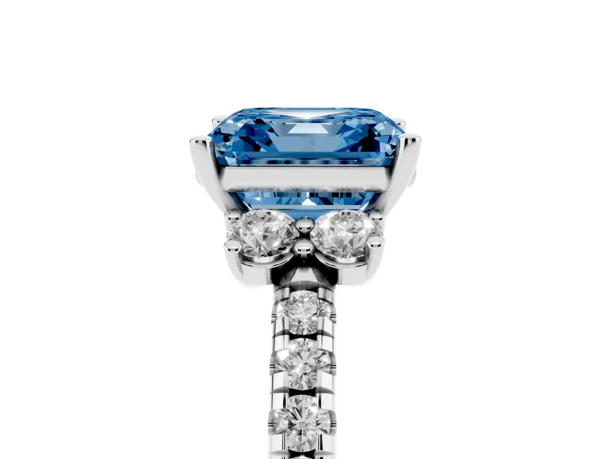 Fancy Blue Asscher Cut Diamond Three-Stone Pave Band with Four-Prong Setting Platinum
