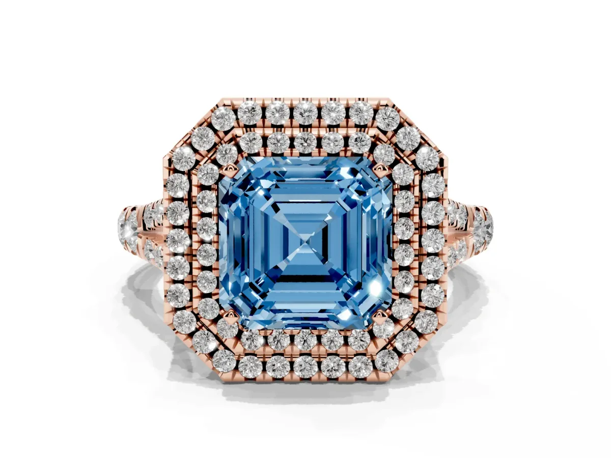 Fancy Blue Asscher Cut Diamond Pavé Split Shank Double Halo Engagement Ring Rose gold
