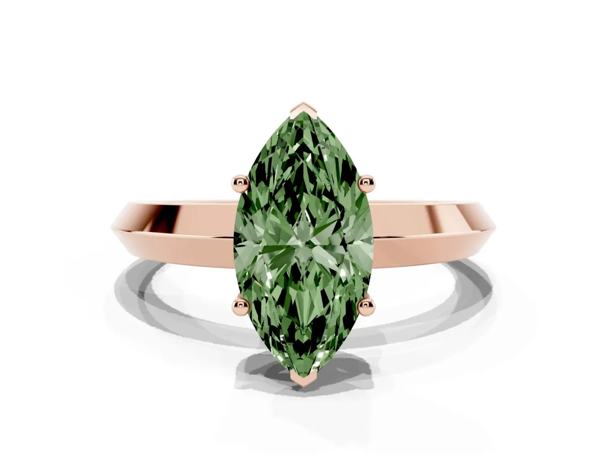 Fancy Green Marquise Cut Cut Solitaire Engagement Ring with Flat Band and Four-Prong Setting Rose gold