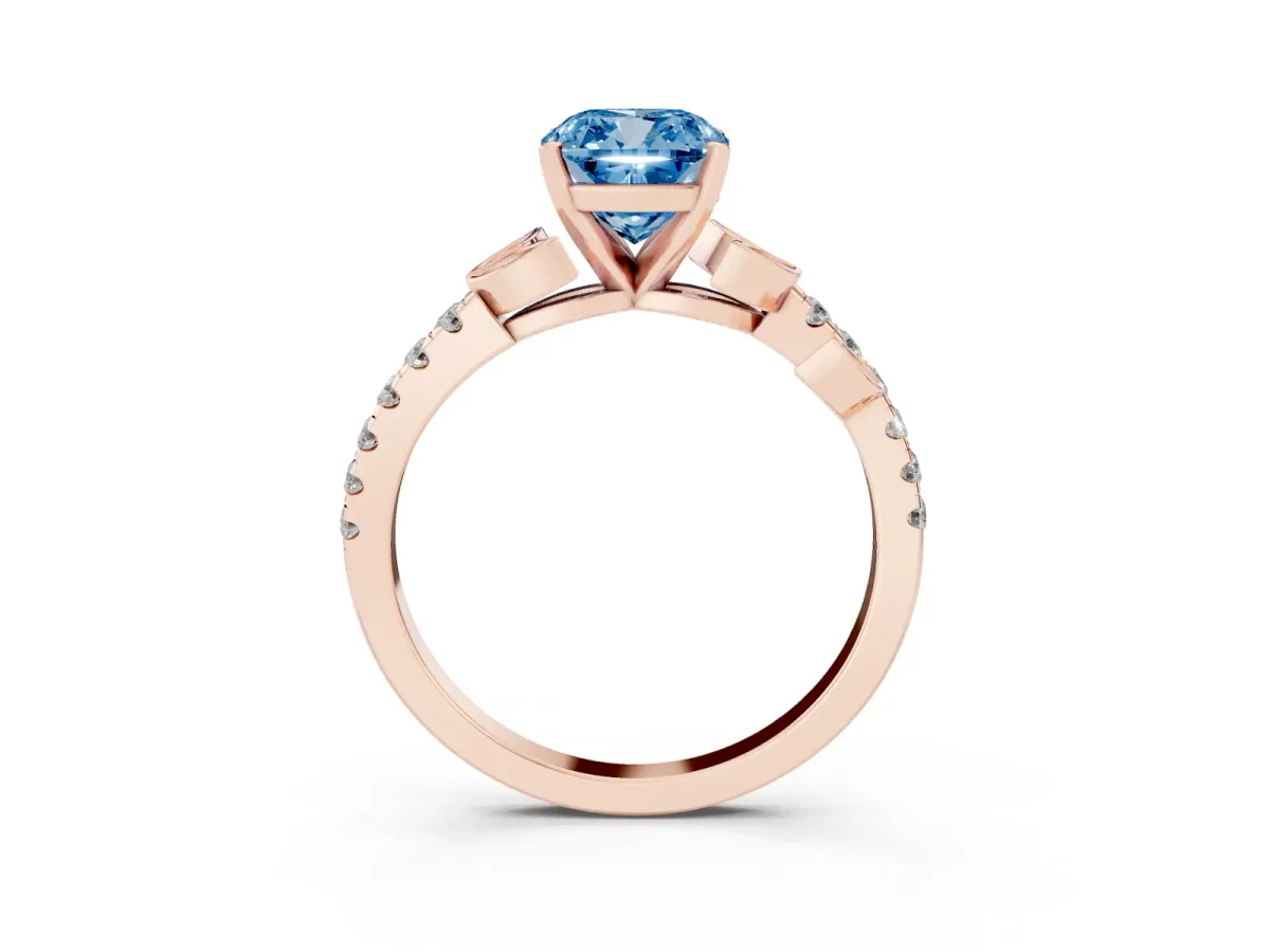 Fancy Blue Cushion Cut Solitaire Leaf-Inspired Diamond Ring with Pavé Band and Four-Prong Setting Rose gold