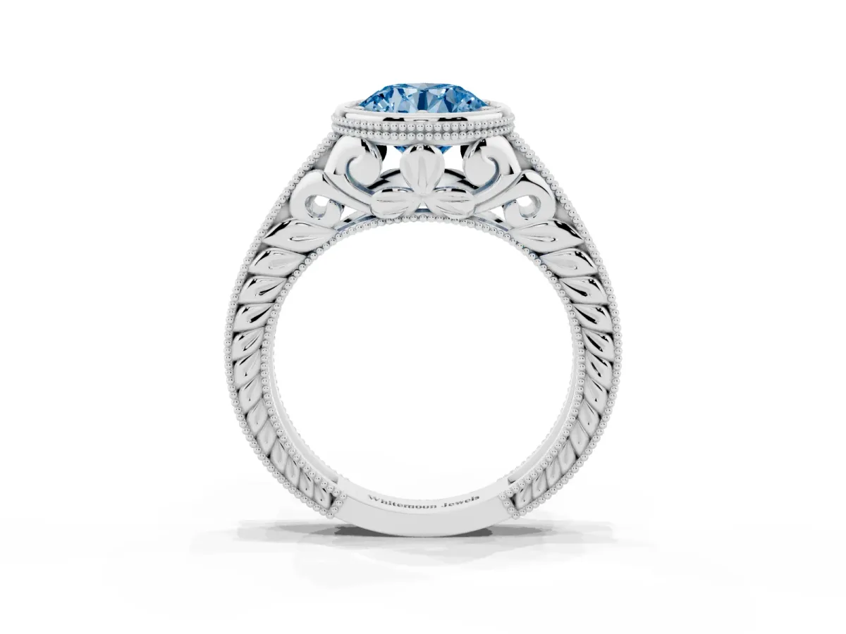 Fancy Blue Bezel Set Round Cut Diamond Milgrain Pave Engagement Ring Platinum