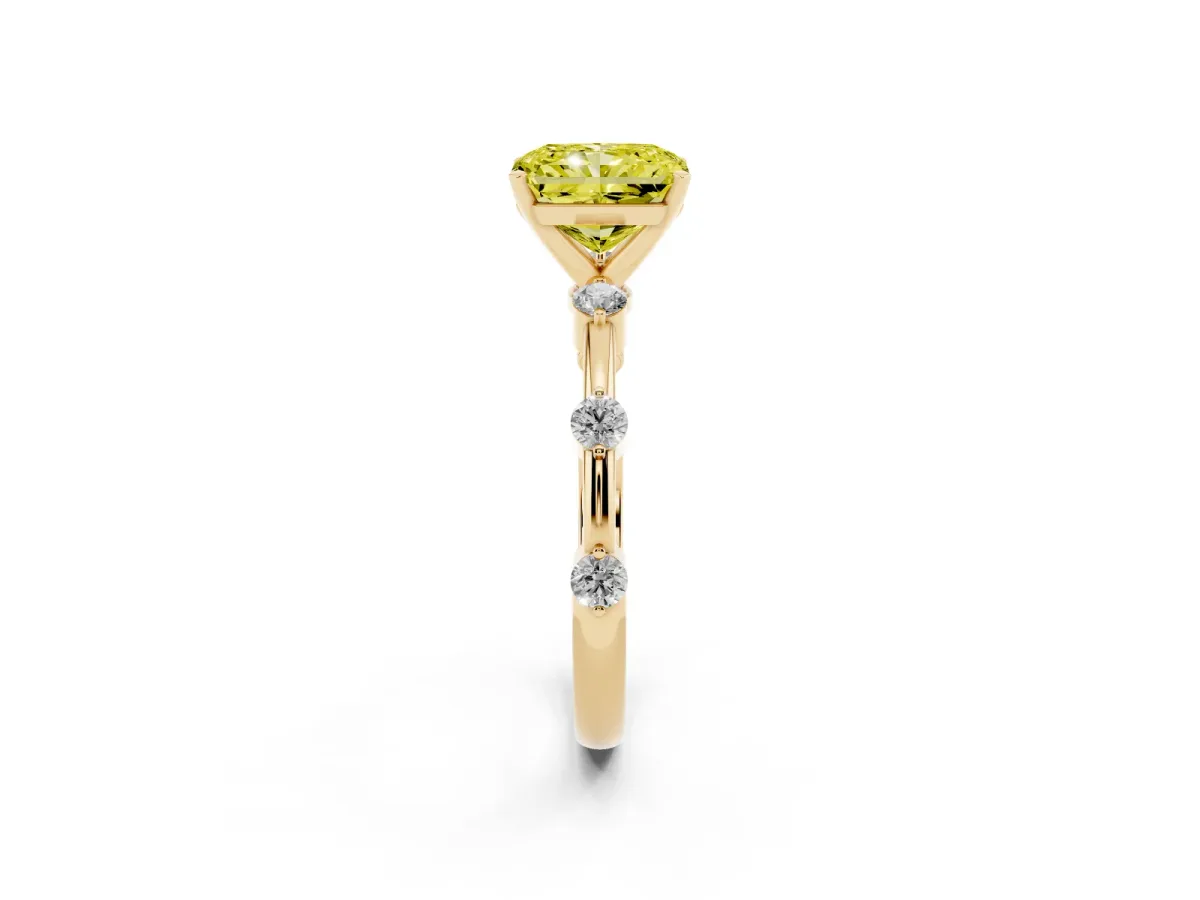 Fancy Yellow Radiant Cut Solitaire Diamond Ring with Bezel Set Side Stones and Prong Setting Yellow gold