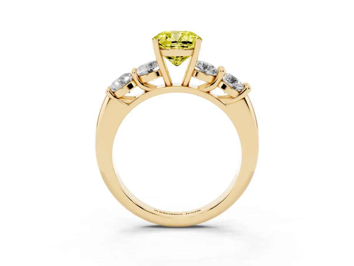 Fancy Yellow Cushion Cut Cut Five-Stone Prong Set Diamond Ring with Classic Band Yellow gold