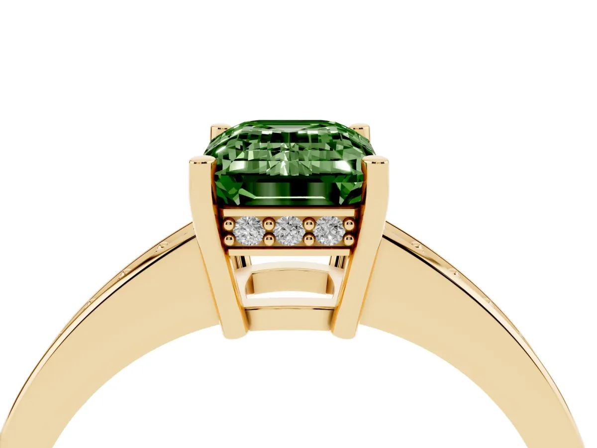 Fancy Green Emerald Cut Solitaire Pavé Band Prong Setting Ring Yellow gold