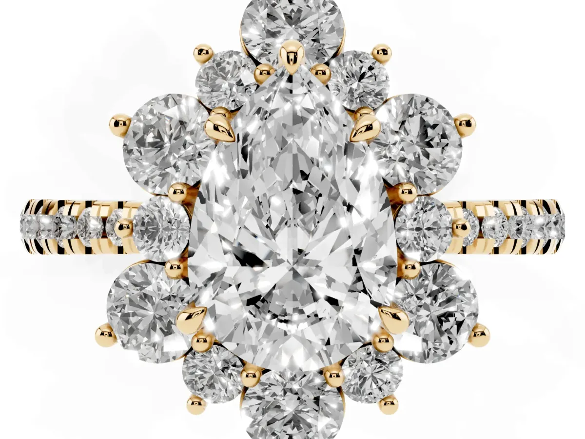 Pear Cut Diamond Floral Halo Ring with Round Pavé Band and Prong Setting Yellow gold
