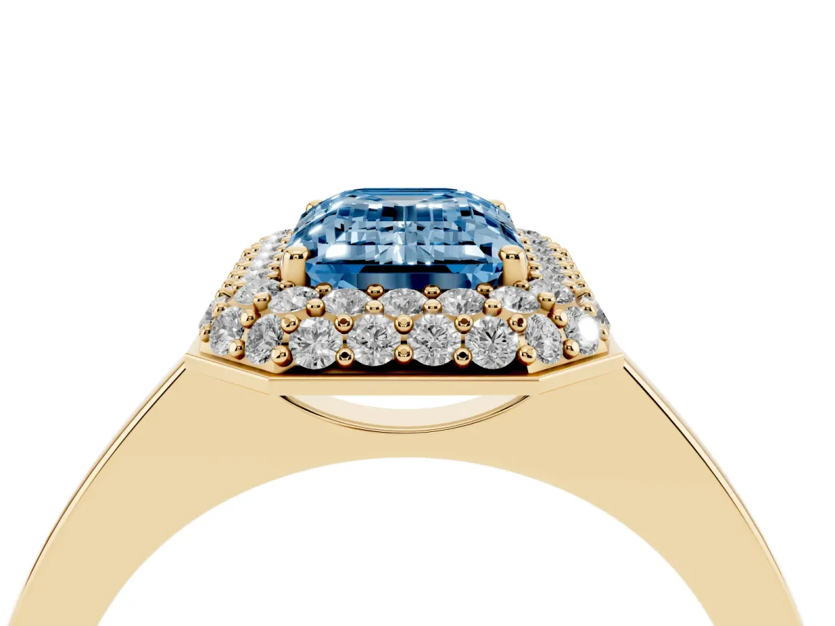 Fancy Blue Emerald Cut Halo Diamond Engagement Ring with Solitaire Band and Four-Prong Setting Yellow gold