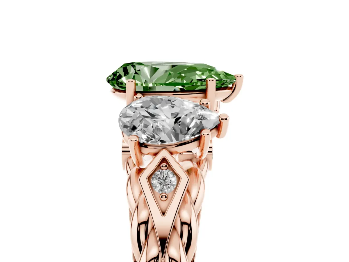 Fancy Green Three-Stone Pear Cut Diamond Braided Band Ring with Four-Prong Setting Rose gold