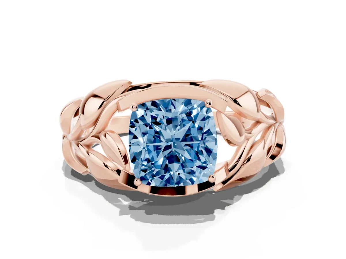 Fancy Blue Cushion Cut Diamond Leaf-Inspired Engagement Ring with Round Accents and Prong Setting Rose gold