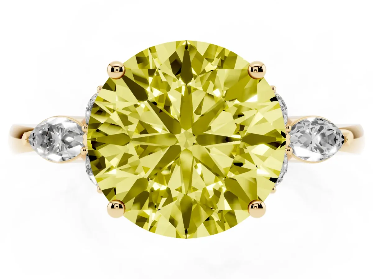 Fancy Yellow Round Cut Brilliant Diamond Solitaire Ring with Pear Side Stones and Four-Prong Setting Yellow gold