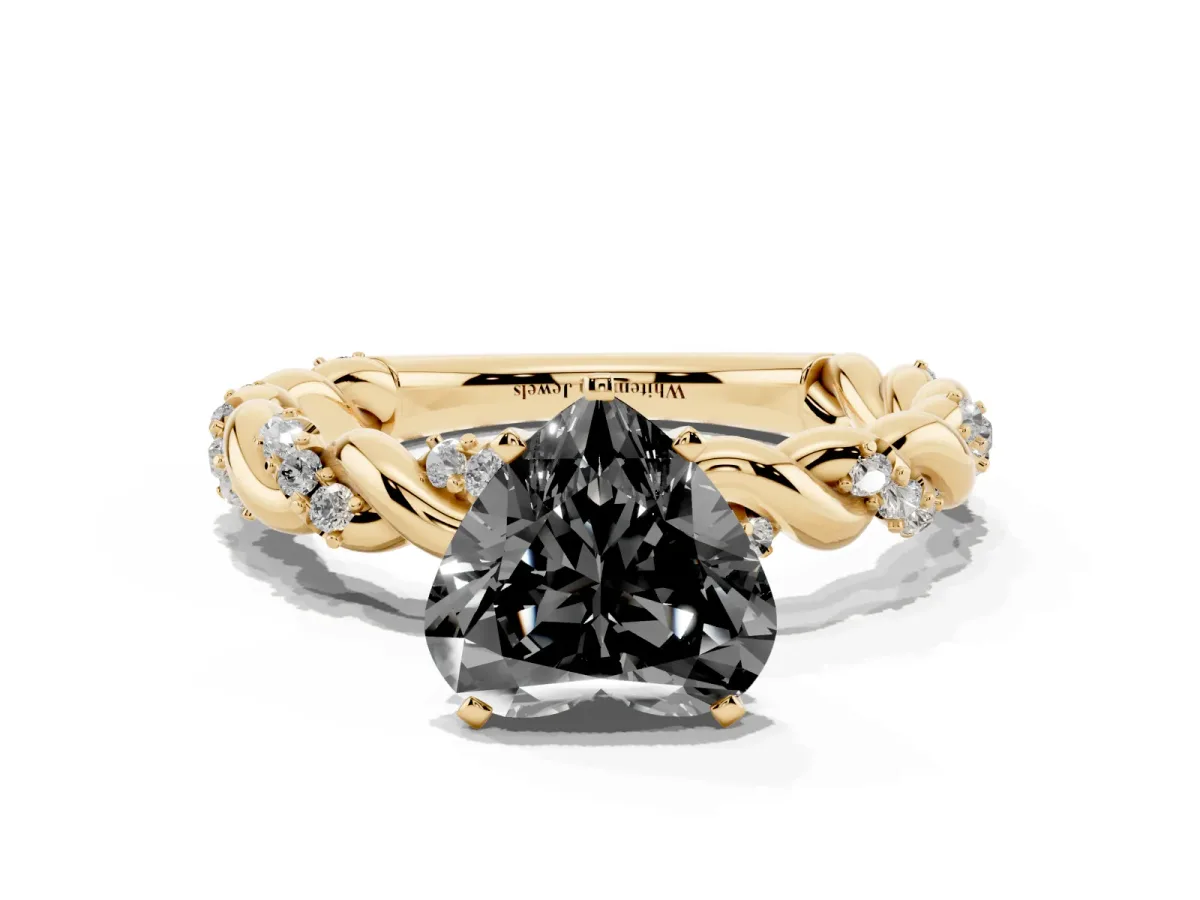Fancy Black Heart Cut Diamond Solitaire Ring with Twisted Band and Pavé Accents Yellow gold