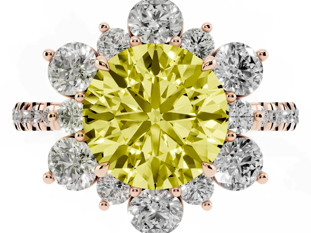 Fancy Yellow Round Cut Diamond Floral Halo Ring with Round Pavé Band and Prong Setting Rose gold