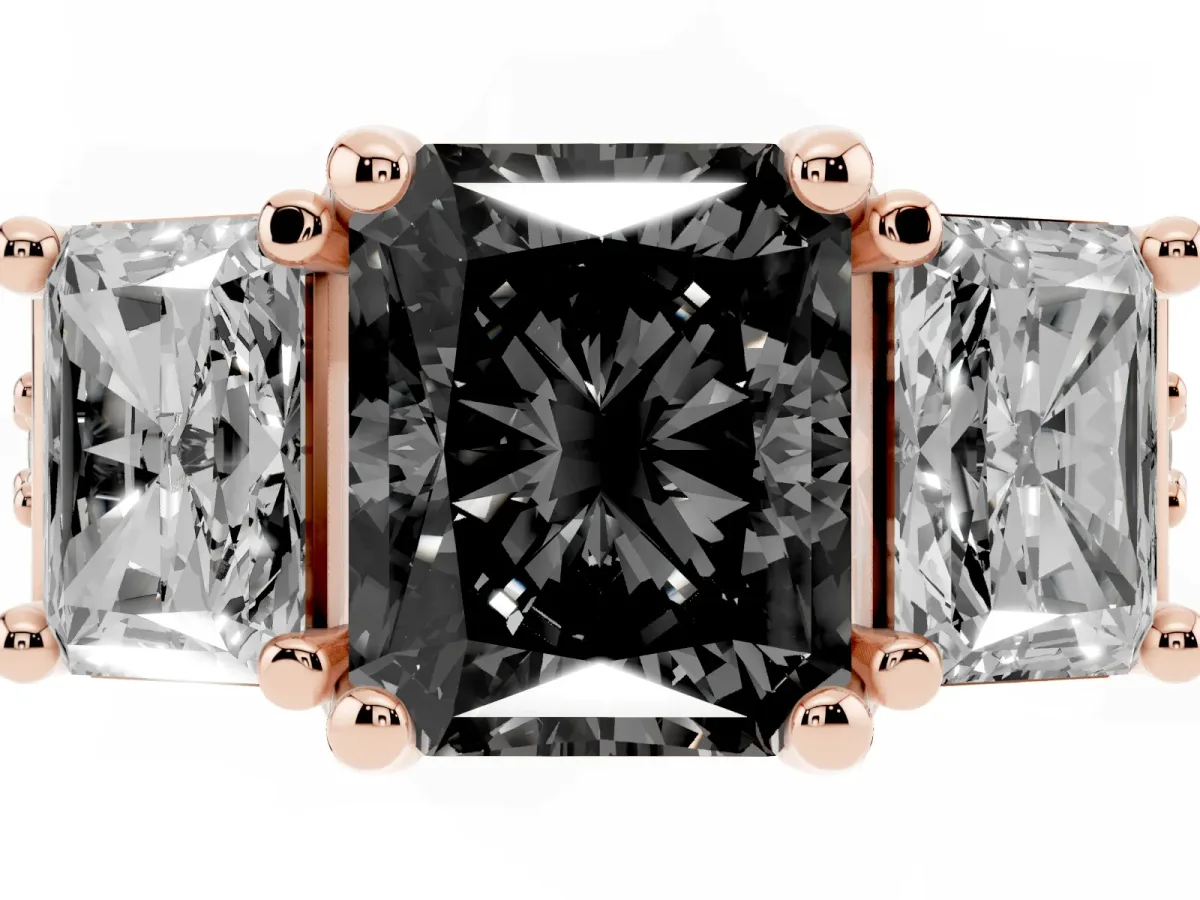 Fancy Black Radiant Cut Diamond Three-Stone Ring with Channel Set Band and Four-Prong Setting Rose gold